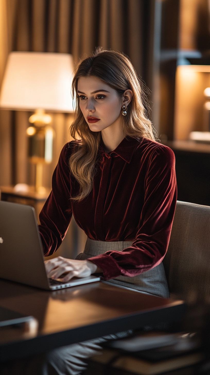 A woman sitting at her desk in a well-lit office, working on a laptop. She's wearing a burgundy velvet top, tailored grey trousers, and simple jewelry.