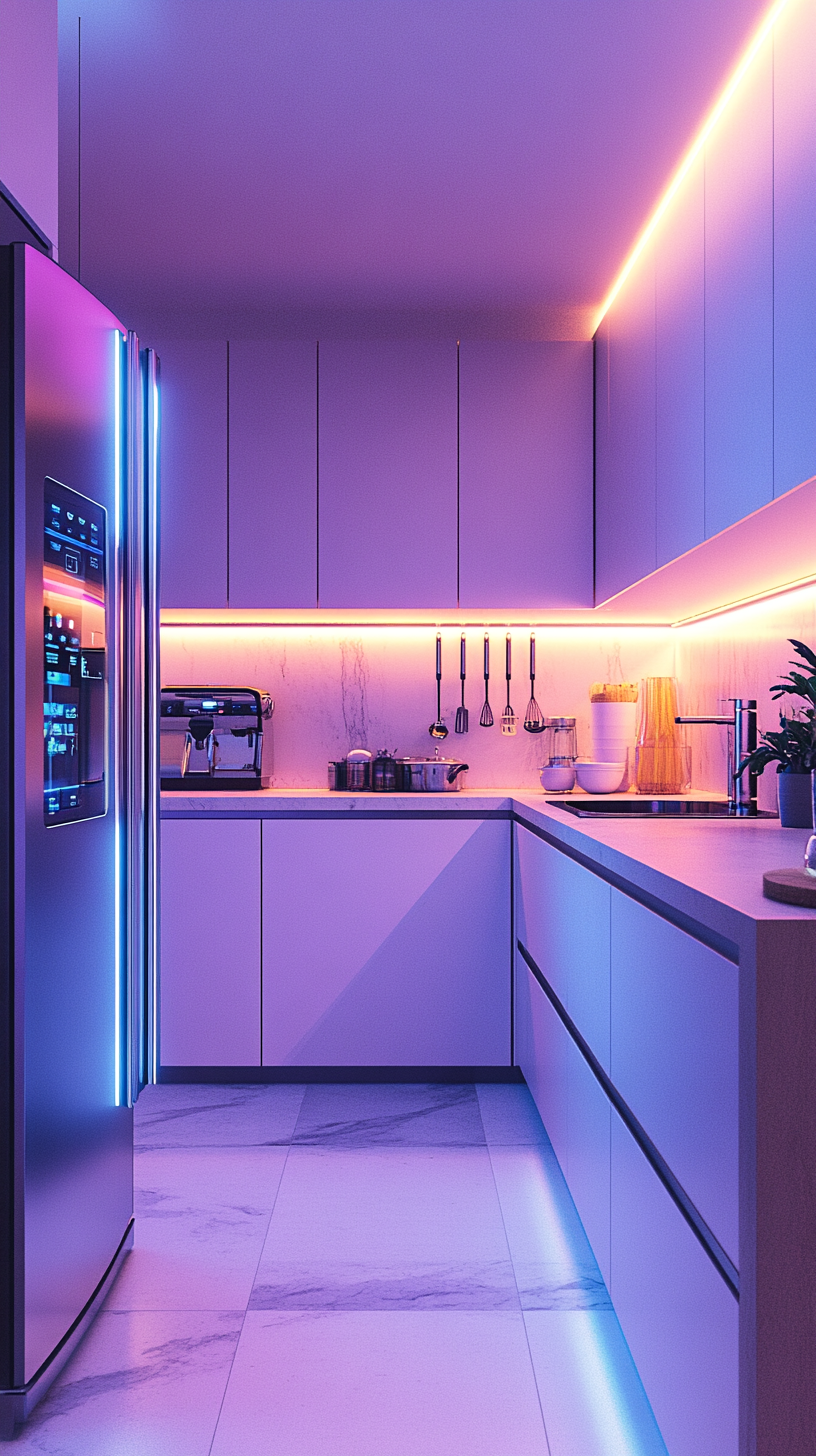 A modern kitchen with a smart fridge, touch-screen appliances, and LED lighting under the cabinets
