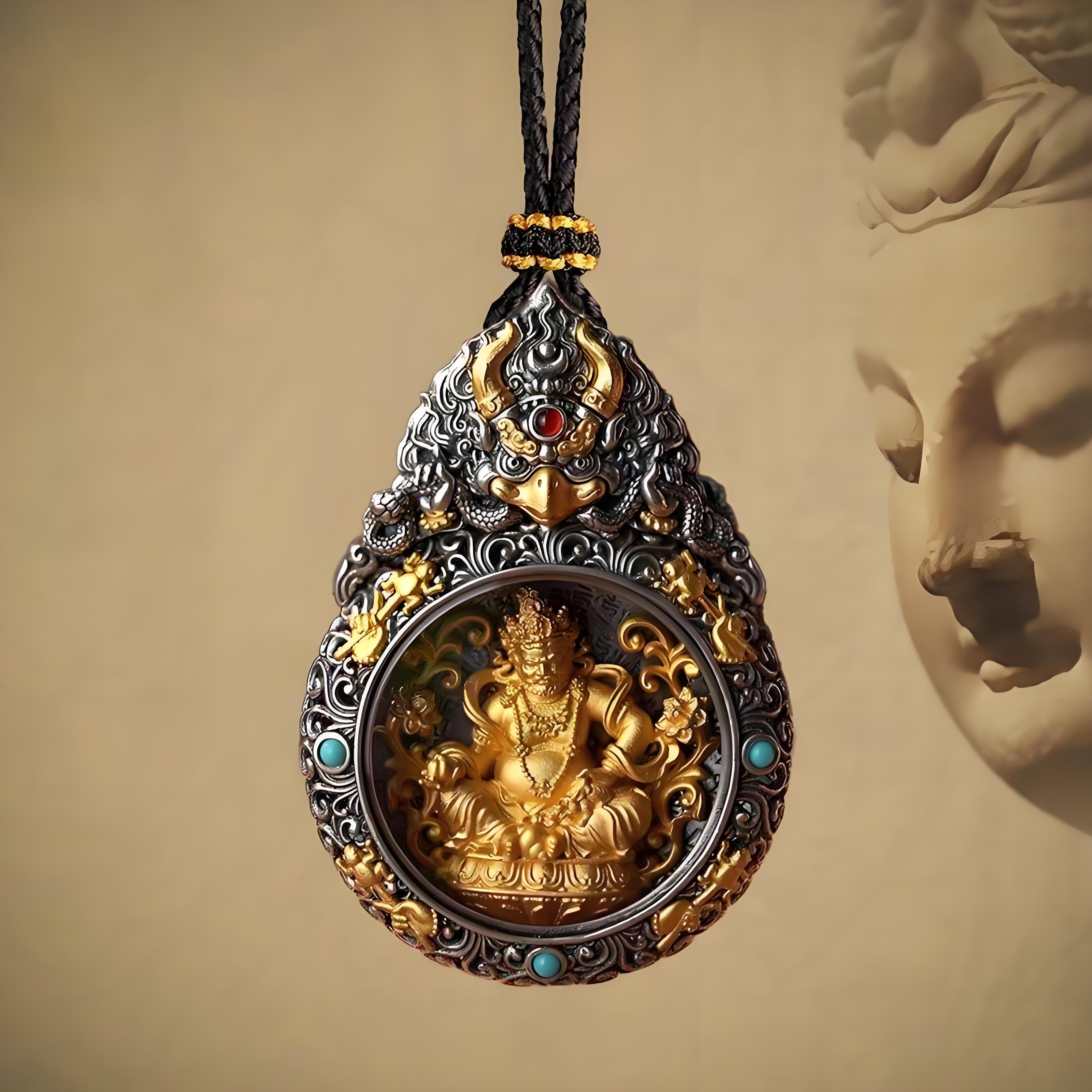 Tibetan Yellow Dzambhala Pendant | Buddhist Amulet Necklace