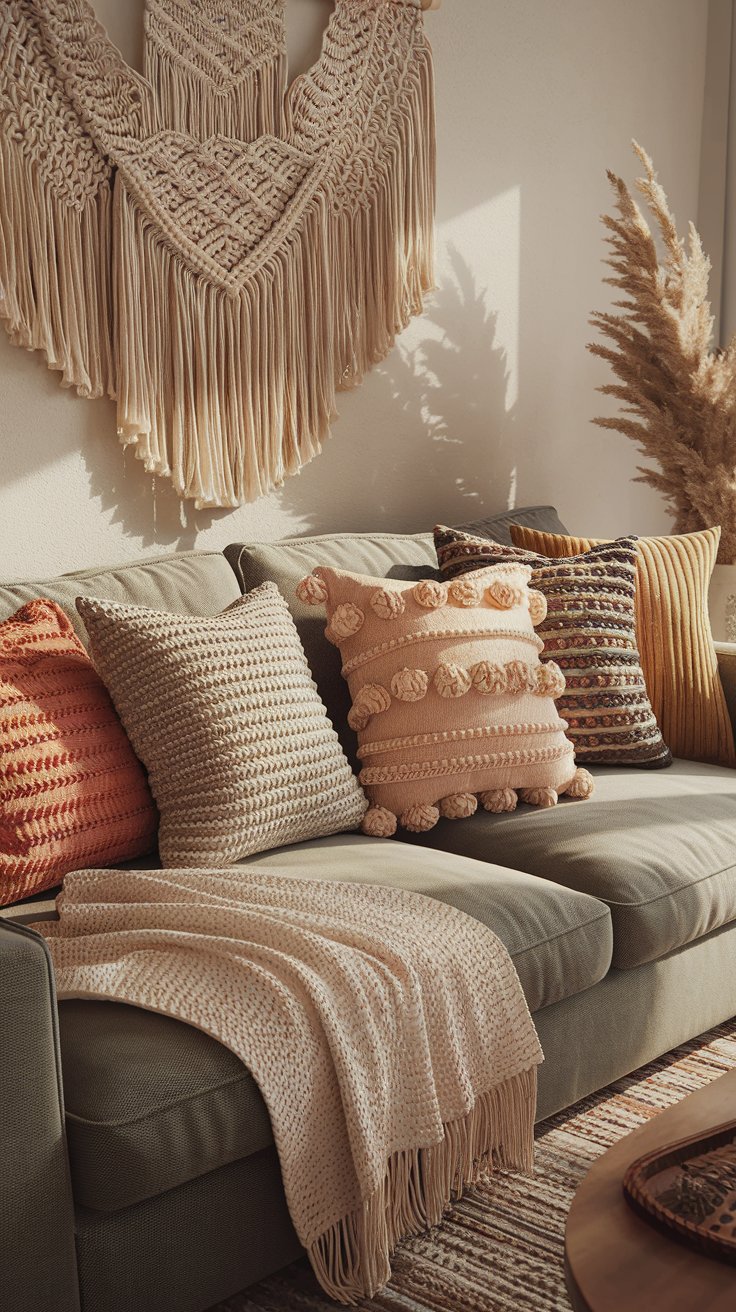 A collection of boho crochet throw pillows in various patterns and earthy tones on a sofa