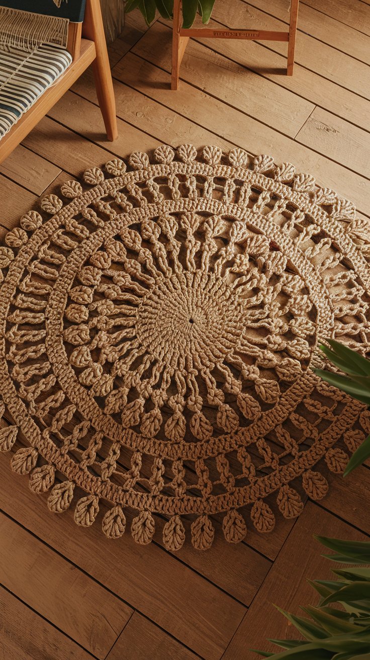 a rustic crochet rug in jute or wool, on a wooden floor