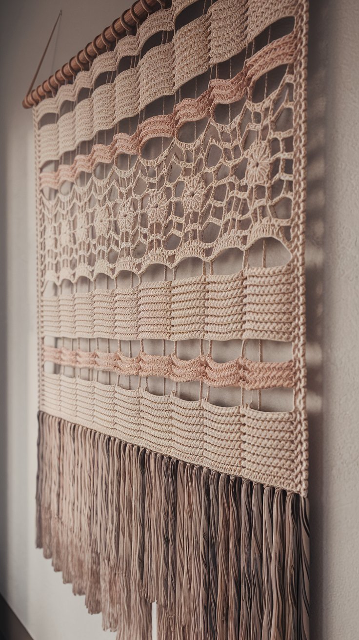 a large crochet wall hanging with intricate patterns in neutral colors