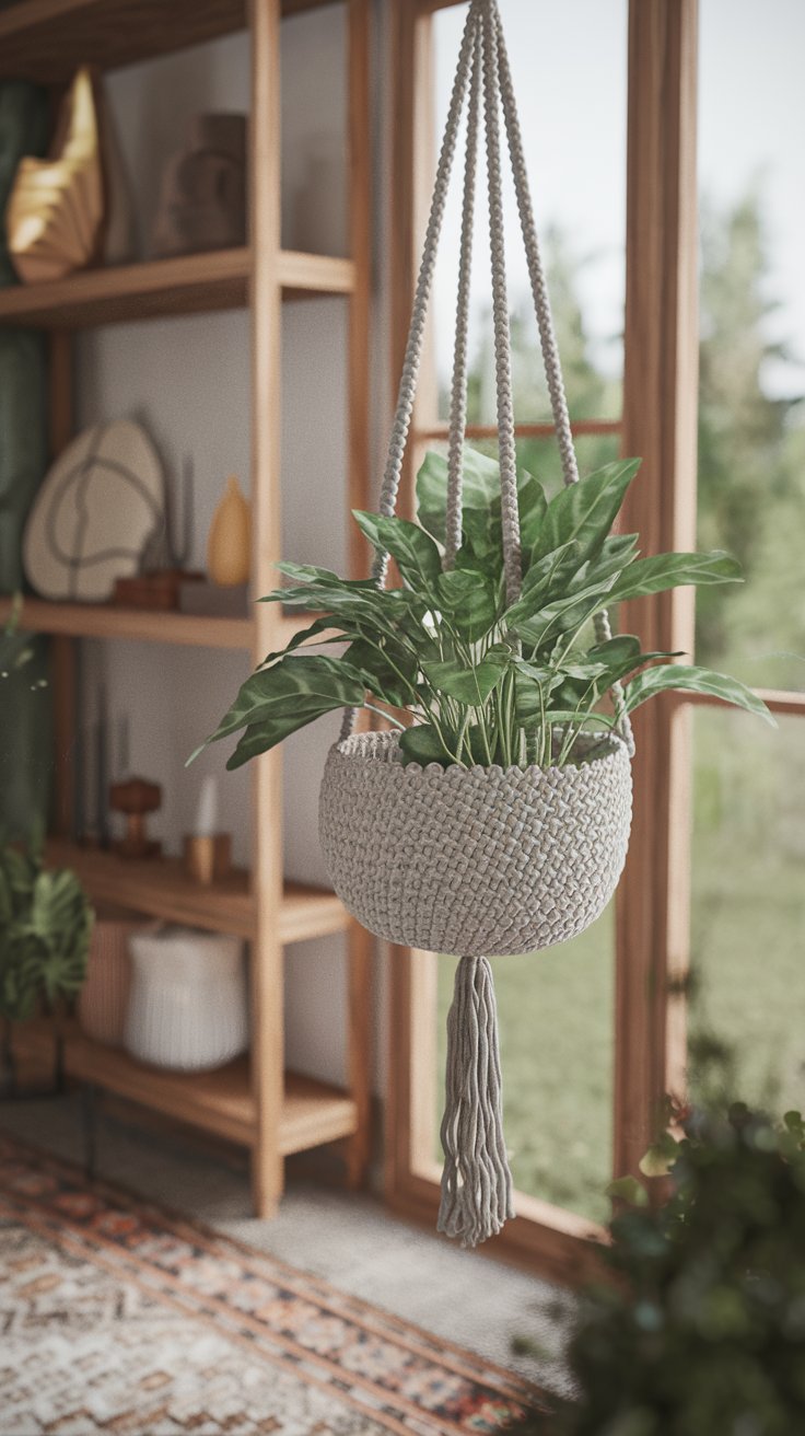 A hanging crochet plant basket with a lush green plant inside