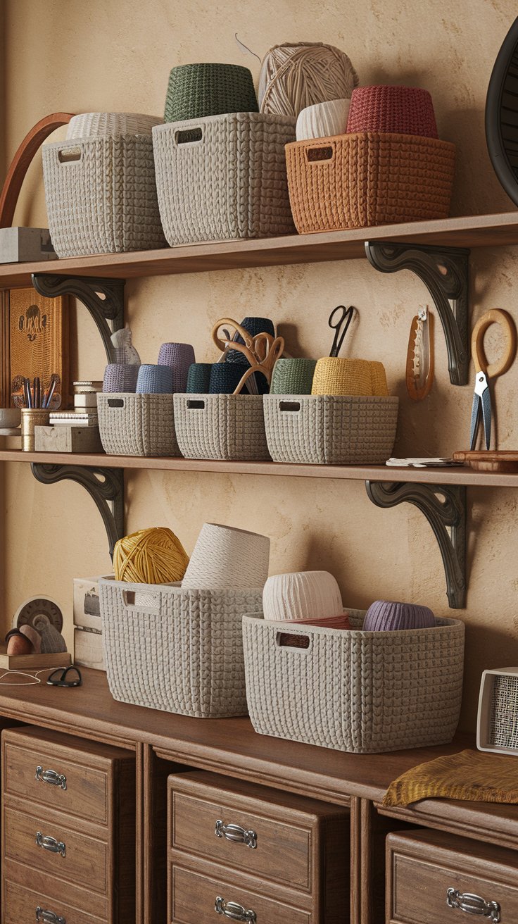 A set of crochet baskets in different sizes, holding yarn and craft supplies