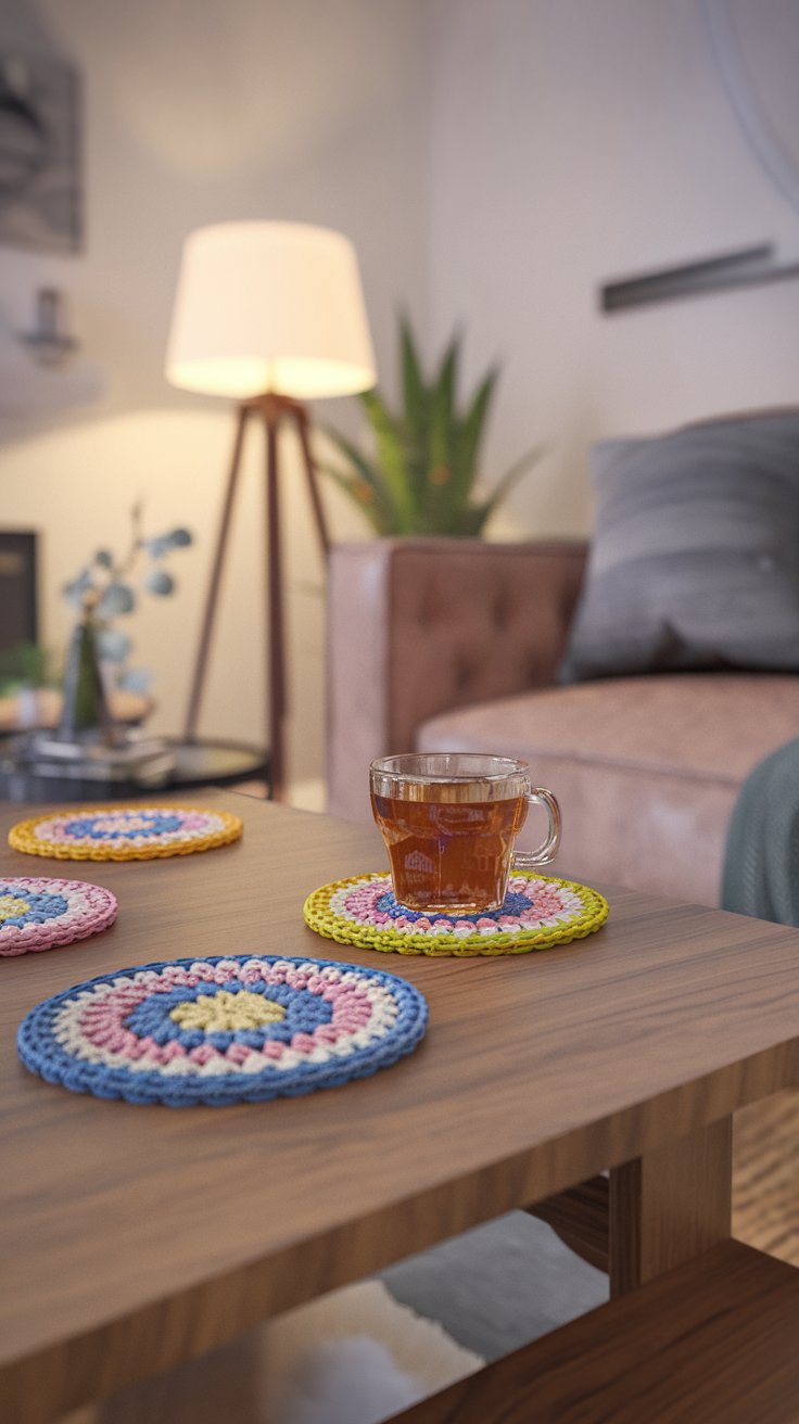 colorful crochet coasters on a wooden coffee table, a cup of tea or coffee on one coaster