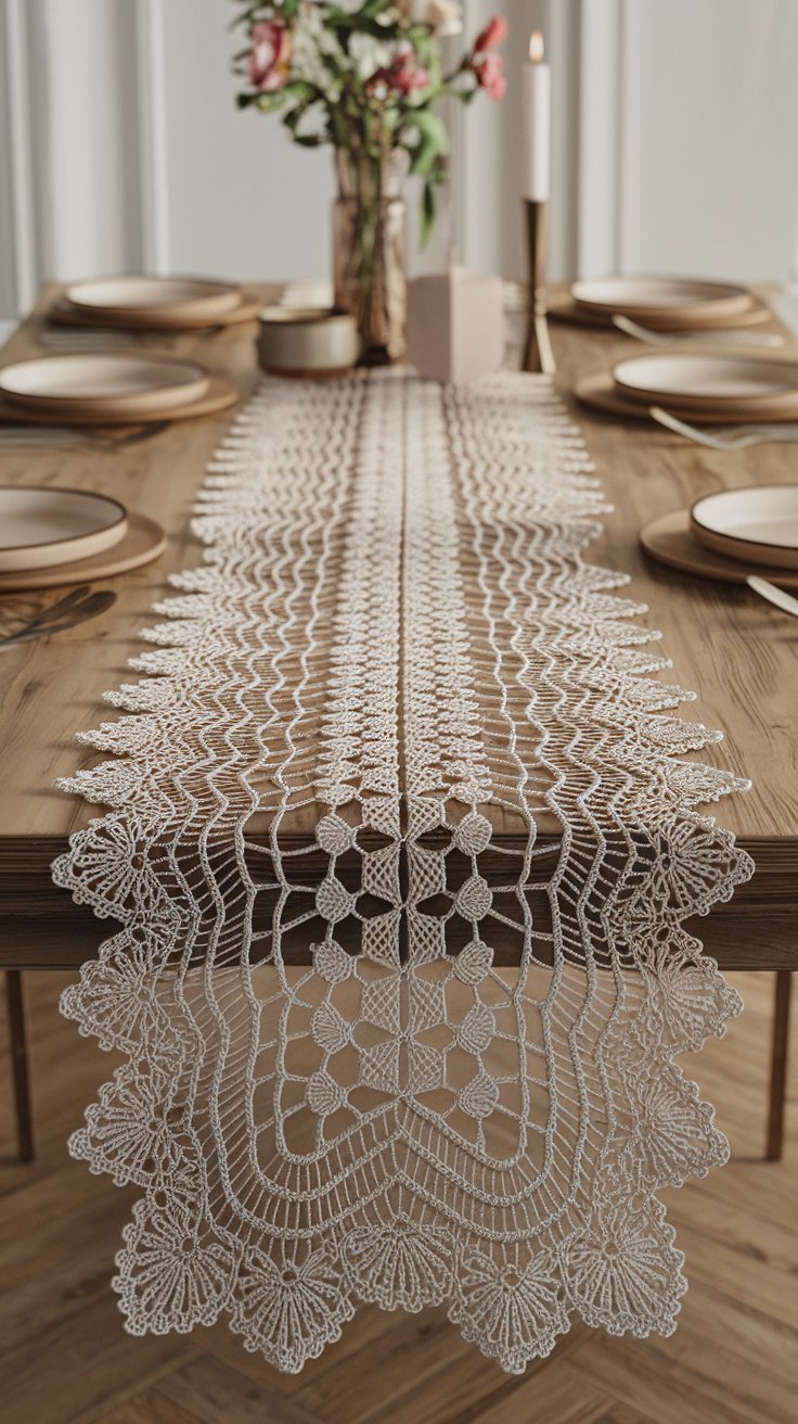 A long crochet table runner in a delicate lace pattern, laid on a wooden dining table