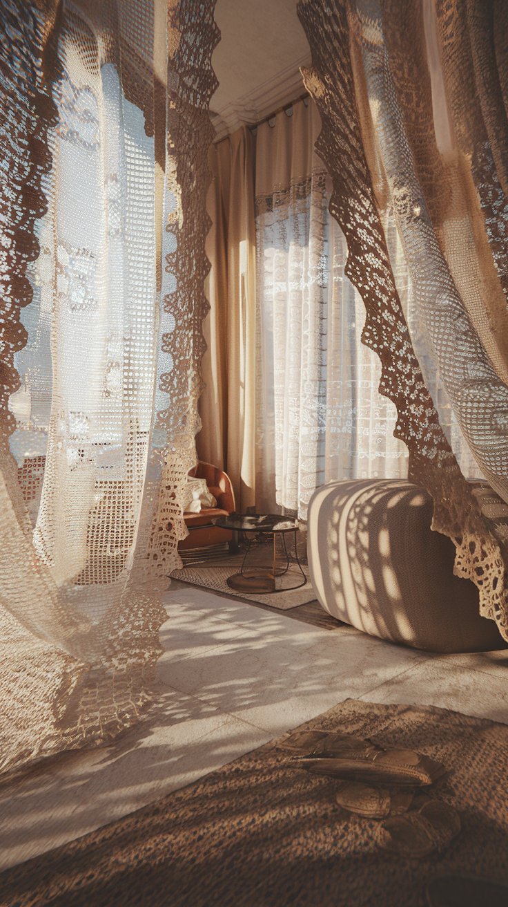 Sunlight streaming through lace crochet curtains in a living room