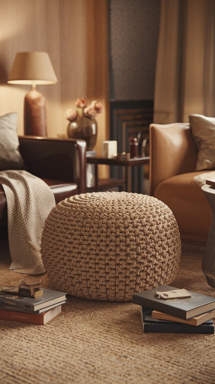 A crochet ottoman cover in a textured stitch, placed in a living room setting