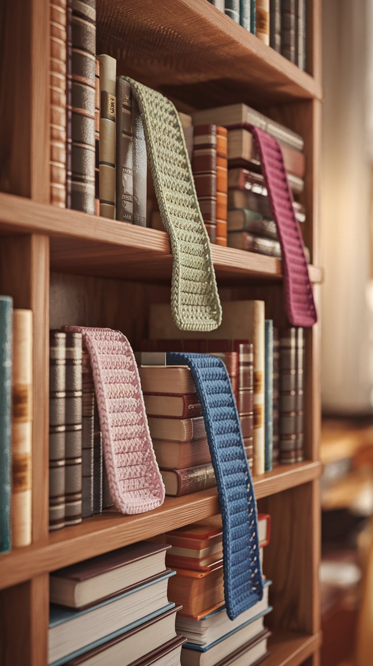 several crochet bookmarks in different designs and colors, placed inside books on a wooden bookshelf