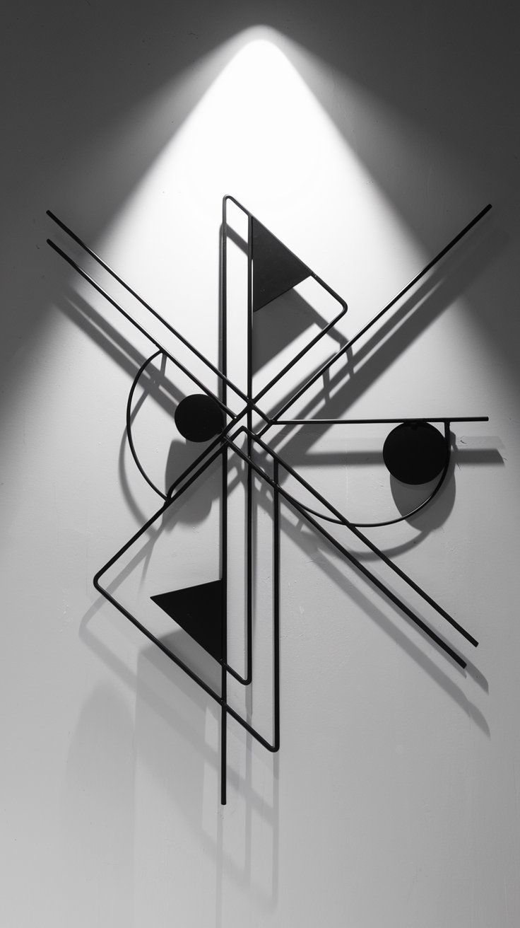 A modern, minimalist wrought iron wall art piece featuring intersecting geometric lines and shapes – triangles, squares, and circles