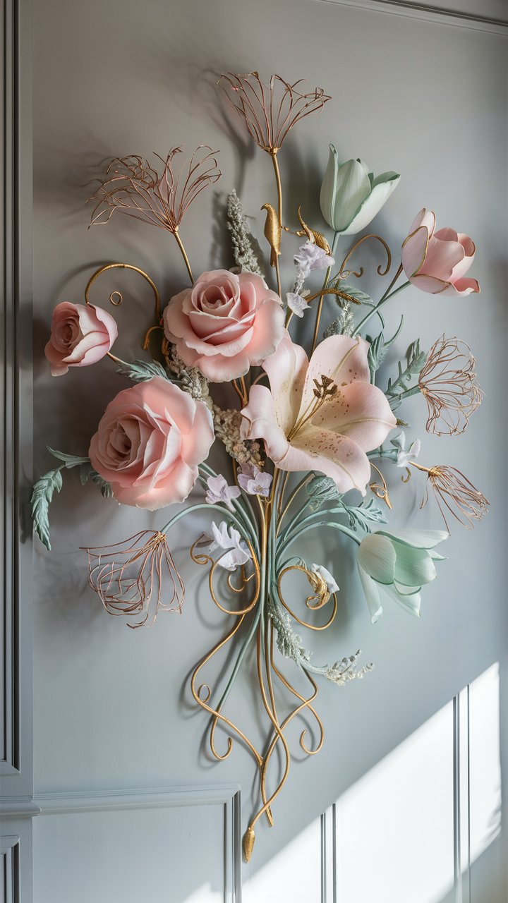 wrought iron floral wall art piece. Depict a bouquet of stylized flowers – roses, lilies, and tulips – with delicate petals and stems crafted from iron