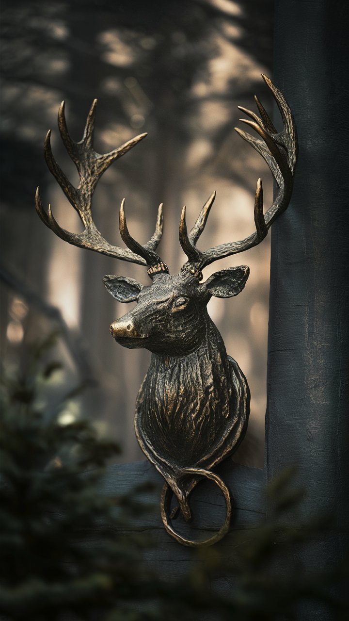 A striking wrought iron wall art piece depicting a stylized stag head