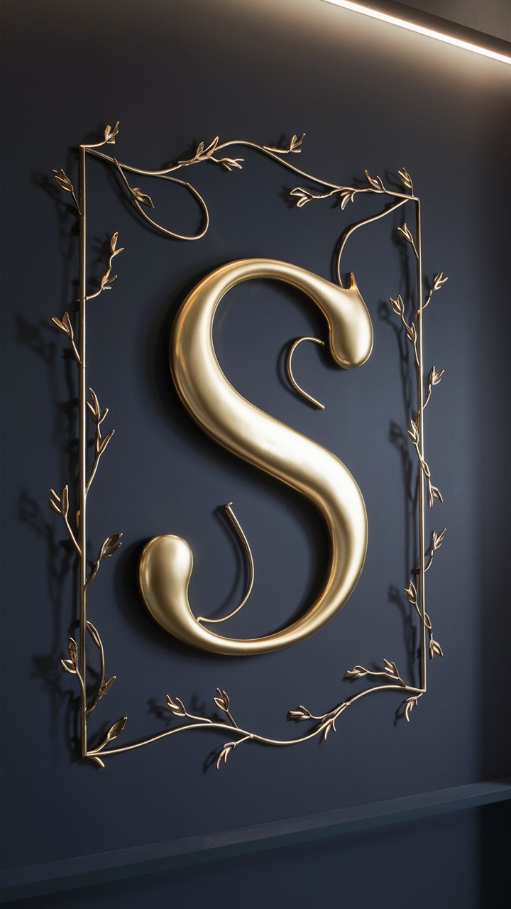 A chic and elegant wrought iron monogram wall art piece featuring the letter "S" in a flowing, script font. The iron is finished in a glossy gold, reflecting ambient light