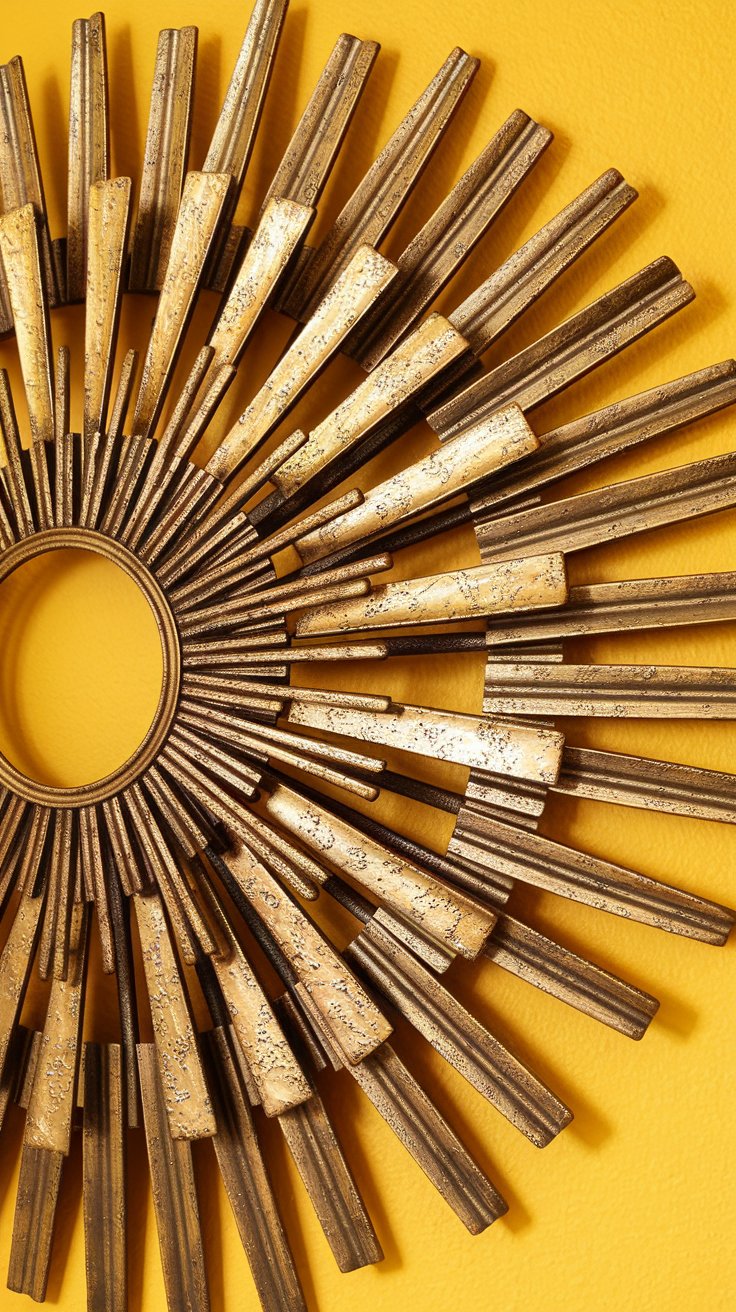 A dynamic and radiant wrought iron sunburst wall art piece. The sunburst is composed of layers of iron rays emanating outwards from a central circle