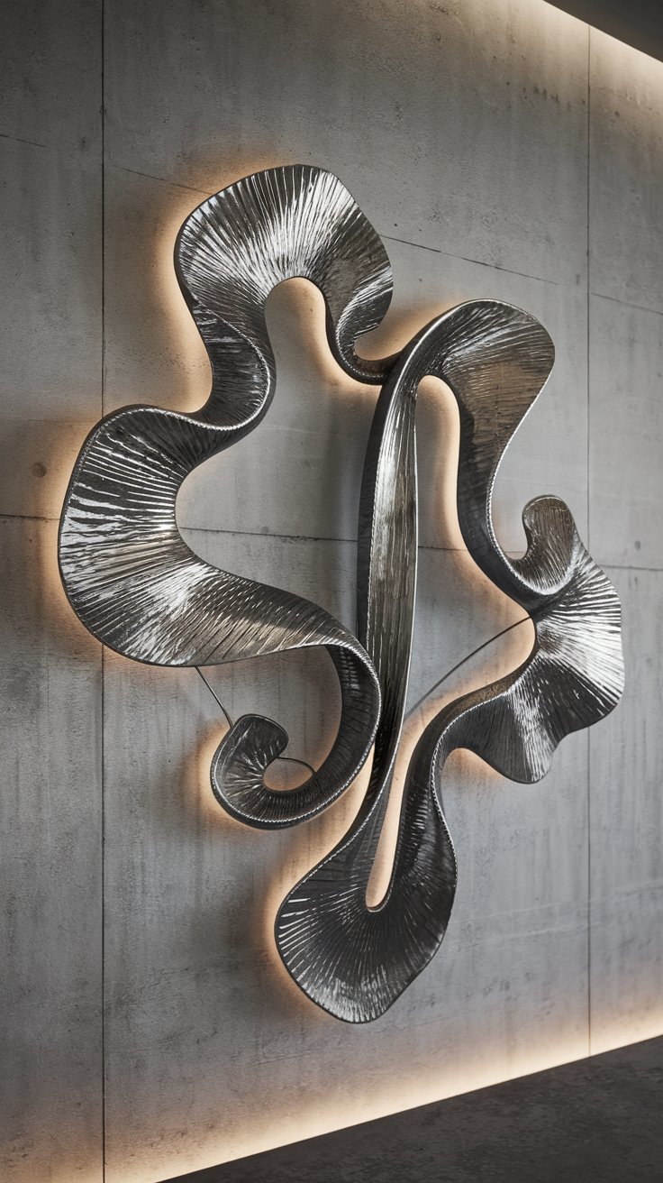 An abstract wrought iron wall art piece with flowing, organic shapes and lines