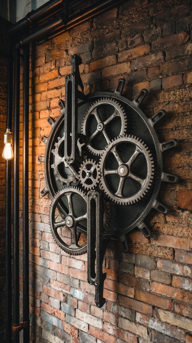 An industrial-style wrought iron wall art piece resembling gears and cogs from machinery