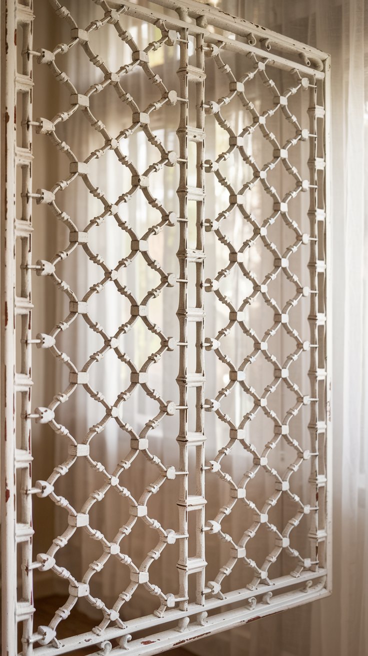A delicate and intricate wrought iron lattice wall art piece. The lattice pattern is complex and ornate, with small squares and diamond shapes creating an open, airy design