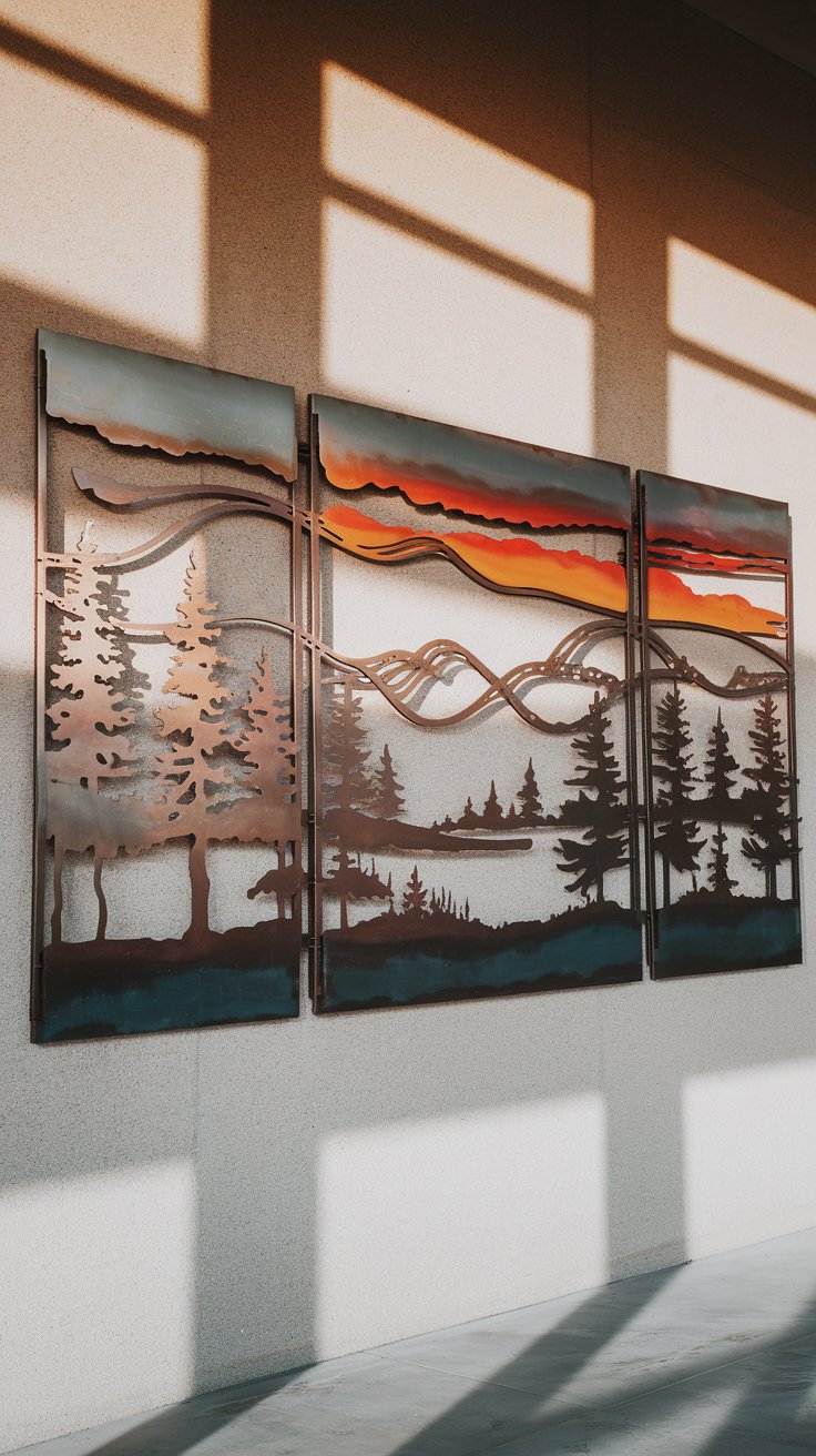 A panoramic, multi-panel wrought iron wall art piece depicting a serene landscape scene – mountains, trees, and a lake at sunset