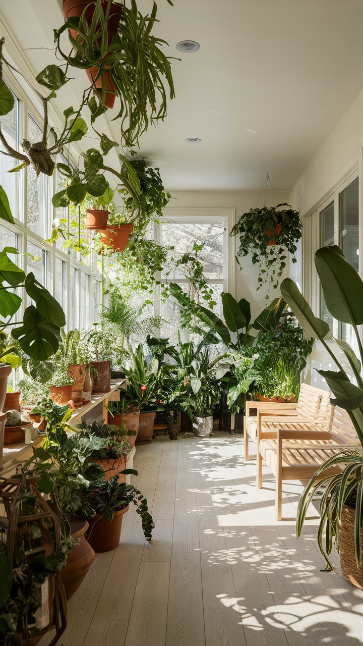 a bright and airy sunroom filled with a variety of indoor plants