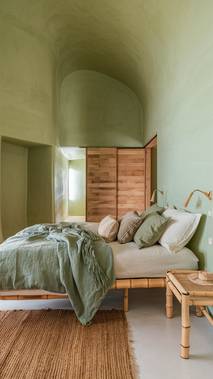 a minimalist bedroom with sustainable green materials