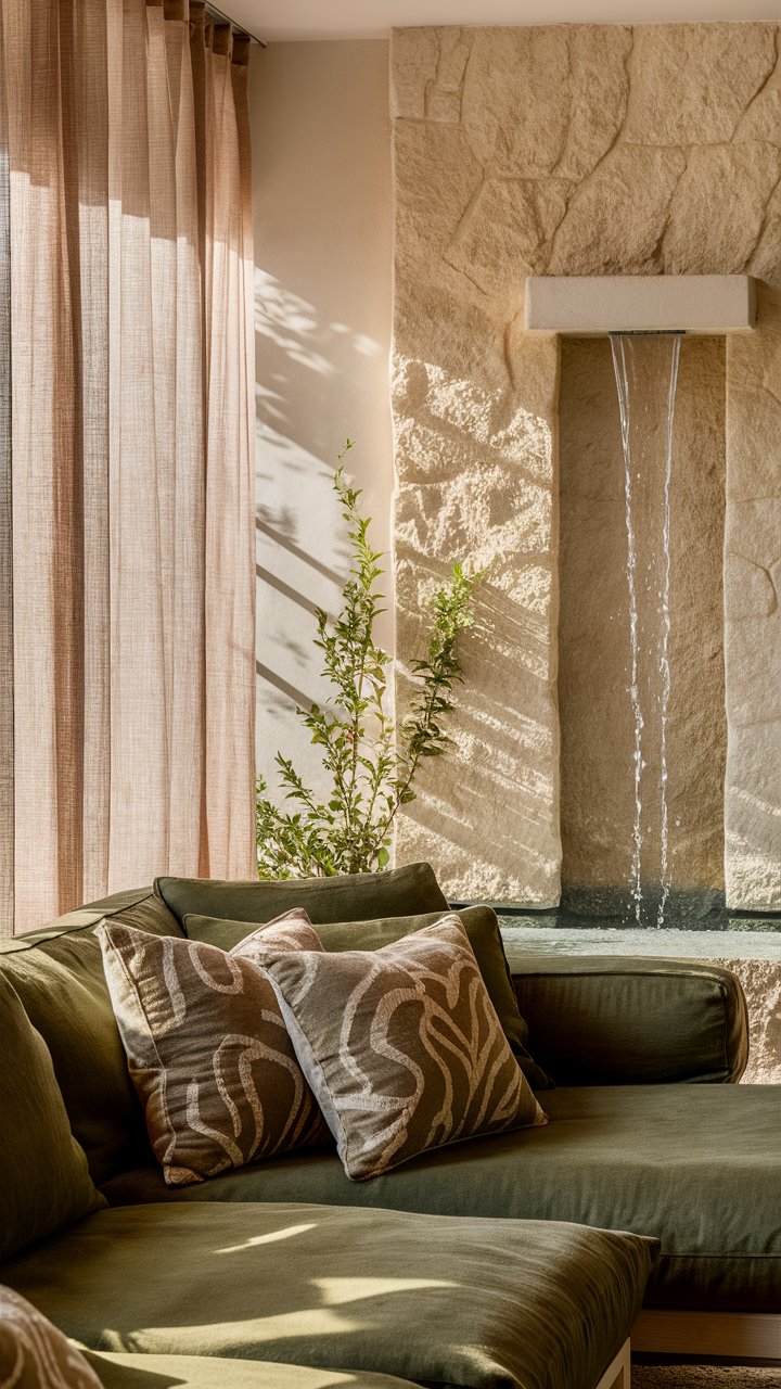 A natural stone wall feature is partially visible, with a built-in water feature gently cascading down it. A textured linen sofa in a moss green color is adorned with cushions in organic patterns. Natural light filters through sheer linen curtains, casting soft shadows.