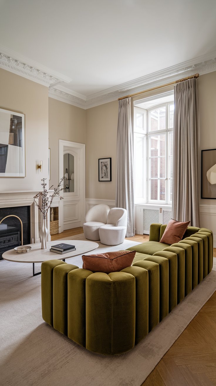 Wide shot of a stylish living room featuring a statement green velvet sofa as the focal point. Walls are painted in a light neutral color to accentuate the sofa. Other furniture pieces are kept minimal and in neutral tones to allow the green sofa to stand out. A large window provides ample natural light
