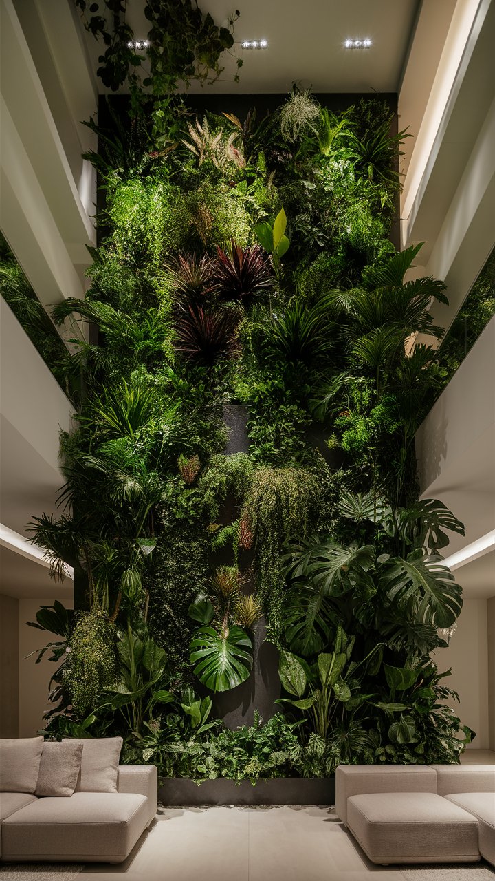 Wide shot of a modern living room with a full living wall as a dramatic feature. The living wall is lush and diverse, with various types of plants creating texture and visual interest. Minimalist furniture in neutral tones is placed in front of the living wall, allowing it to be the main focus. Soft ambient lighting highlights the wall.