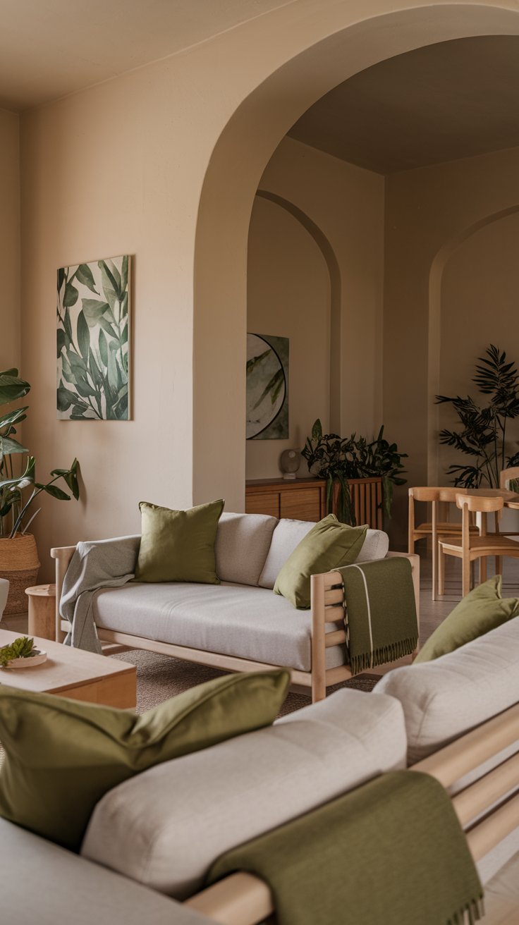 Wide shot of a neutral-toned living room with subtle green accents. Walls are painted in warm beige, with a light gray sofa and natural wood furniture. Green accents are introduced through cushions, a throw blanket, artwork featuring green foliage, and a few strategically placed potted plants. The overall feel is calming and understated.