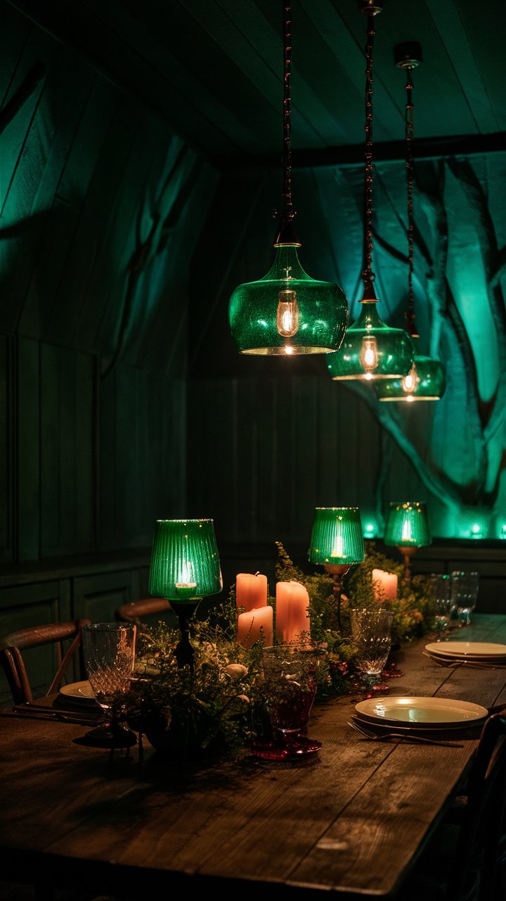 Wide shot of a dining room illuminated by green-toned ambient lighting. Walls are painted in a dark forest green, creating a moody backdrop. Pendant lights with green glass shades hang above a wooden dining table. Candles and soft lamps with green-tinted bulbs add layers of warm, green-toned light. The atmosphere is intimate and serene.