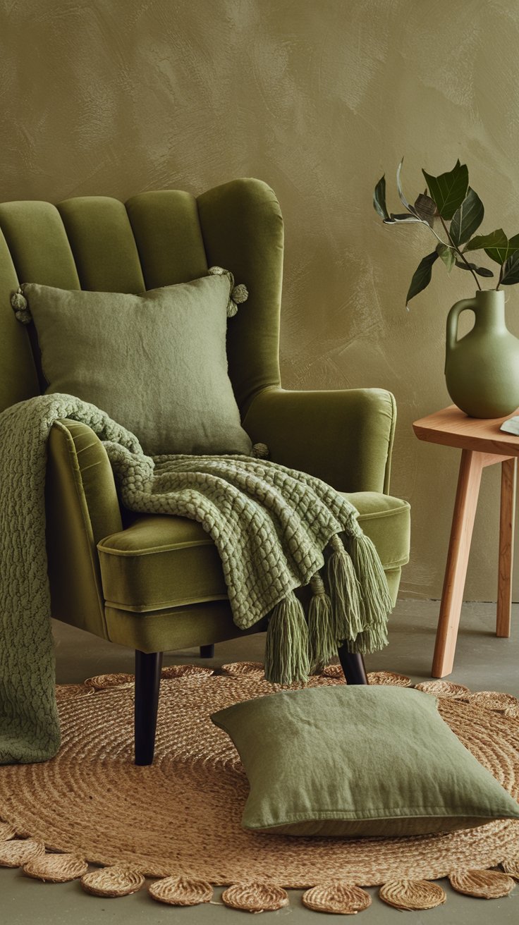 A plush green velvet armchair is paired with a knitted green throw blanket and a textured green linen cushion. A natural fiber rug in a muted green tone adds floor texture. A wooden side table with a ceramic green vase and a leafy plant completes the textural ensemble.