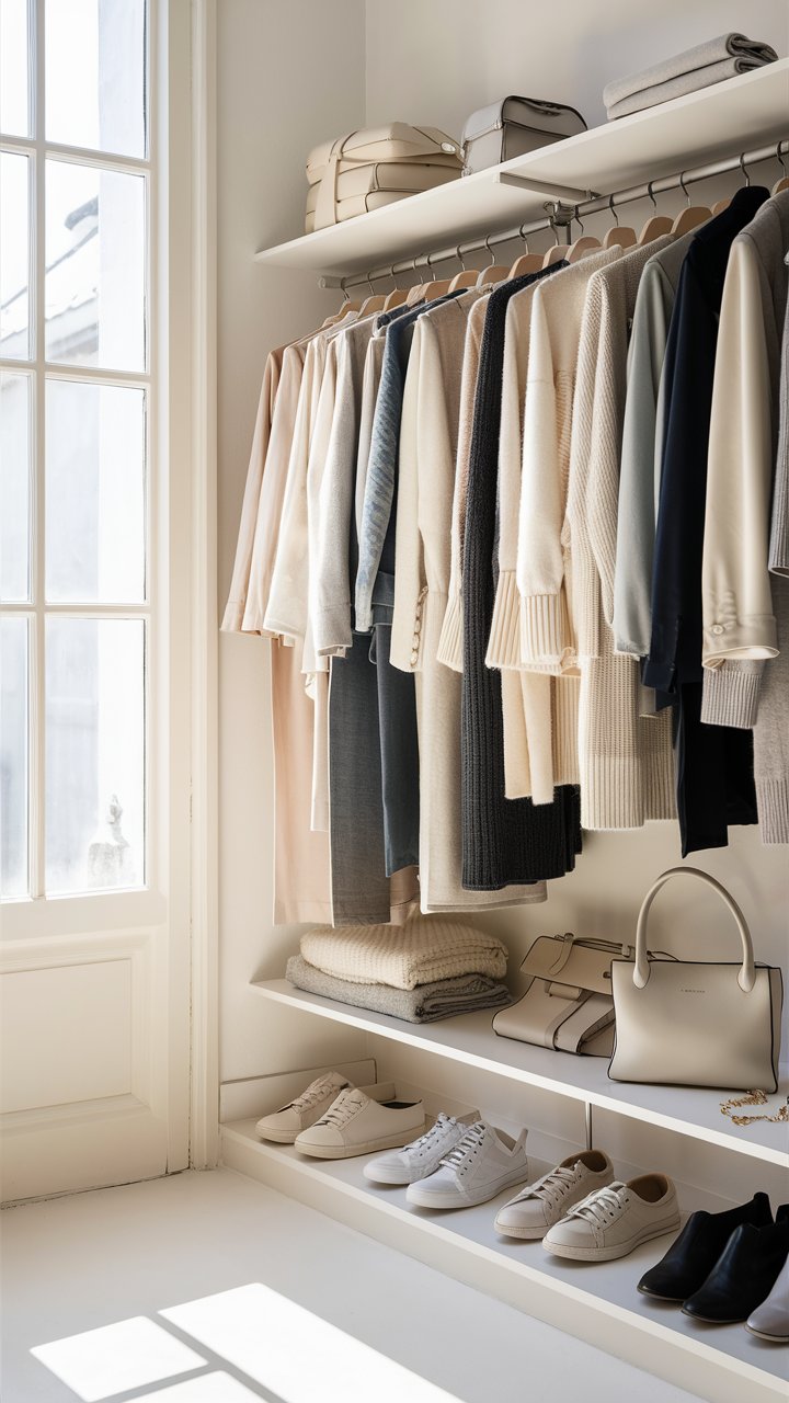 a bright, minimalist walk-in closet, perfectly organized and showcasing a curated capsule wardrobe. The closet is well-lit with soft, natural light filtering through a large window on the left, highlighting the textures and colors of the clothing