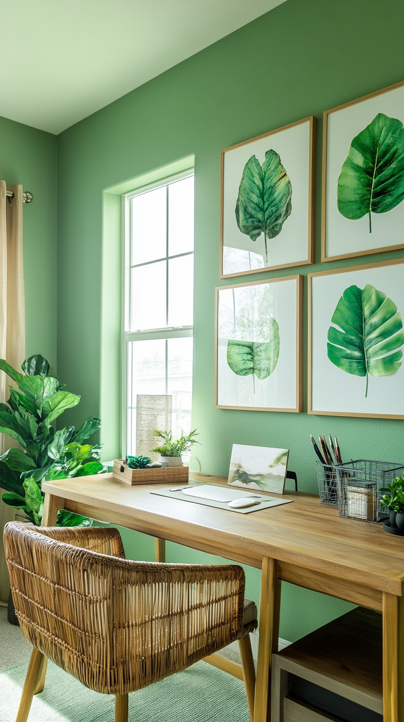 a home office featuring green art and wall décor. Walls are painted in a light, airy green