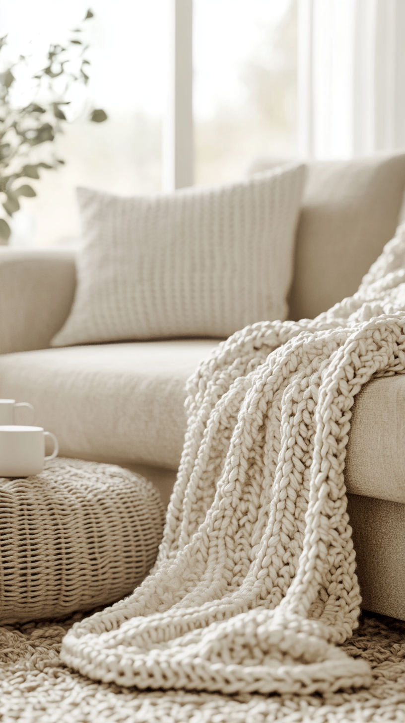 a chunky knit crochet blanket in cream color, draped over a sofa in a warmly lit living room