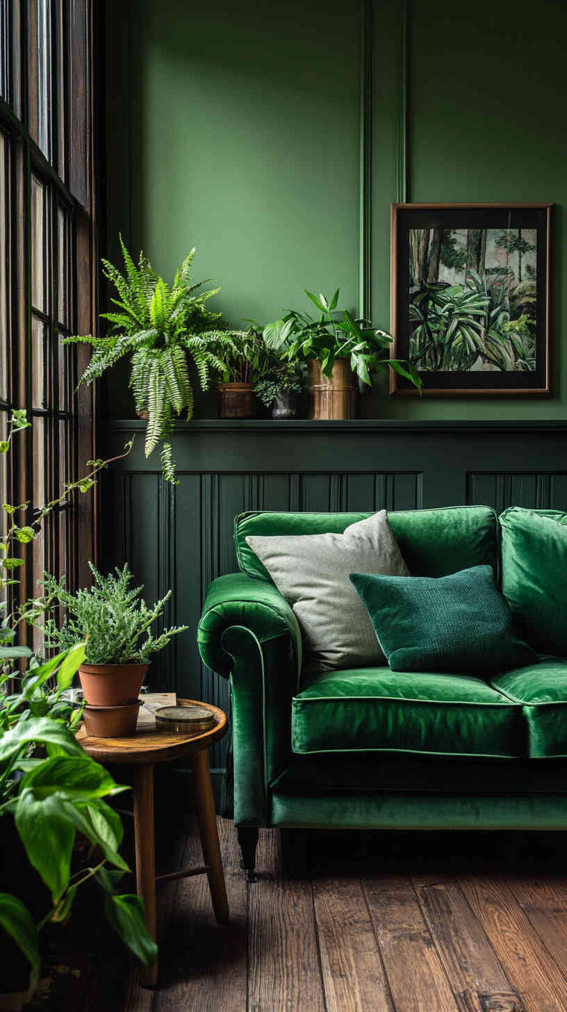 a living room corner featuring layered green tones