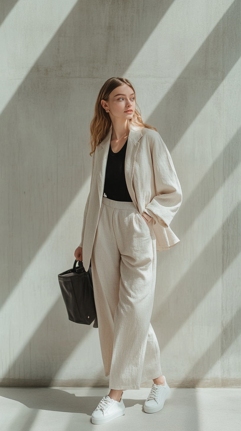 a woman with warm, sun-kissed skin and light freckles, showcasing minimalist fashion in an urban setting. She is standing confidently against a clean, light grey concrete wall, with soft, natural light illuminating her from the side, creating gentle shadows