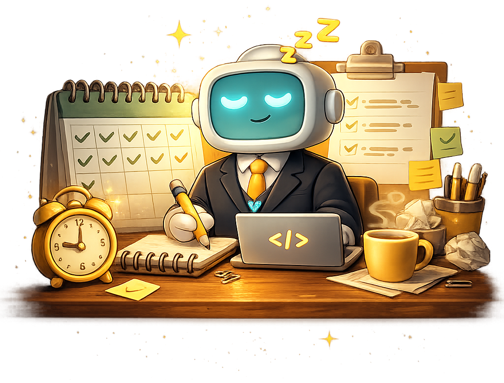 A robot sitting at a desk with a calendar, checklist, alarm clock, and laptop - representing automated task scheduling