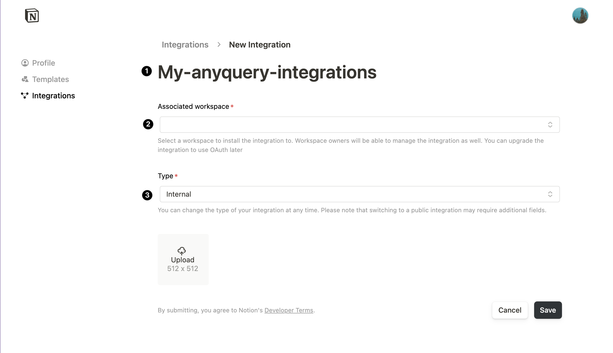 A form to create a new integration