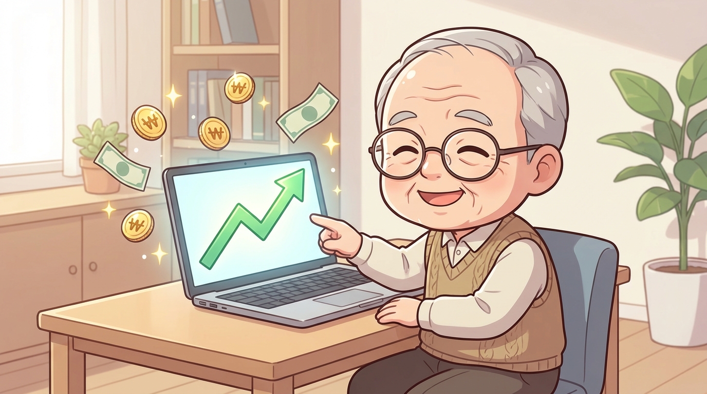 한 시니어가 컴퓨터 화면의 수익 그래프를 보며 기뻐하는 모습. AI를 활용한 부수입 창출을 상징.