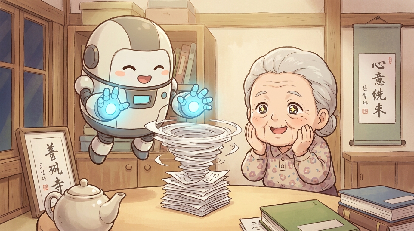 AI 로봇이 서류 정리를 도와주는 모습. AI가 복잡한 일을 단순화시켜준다는 의미.