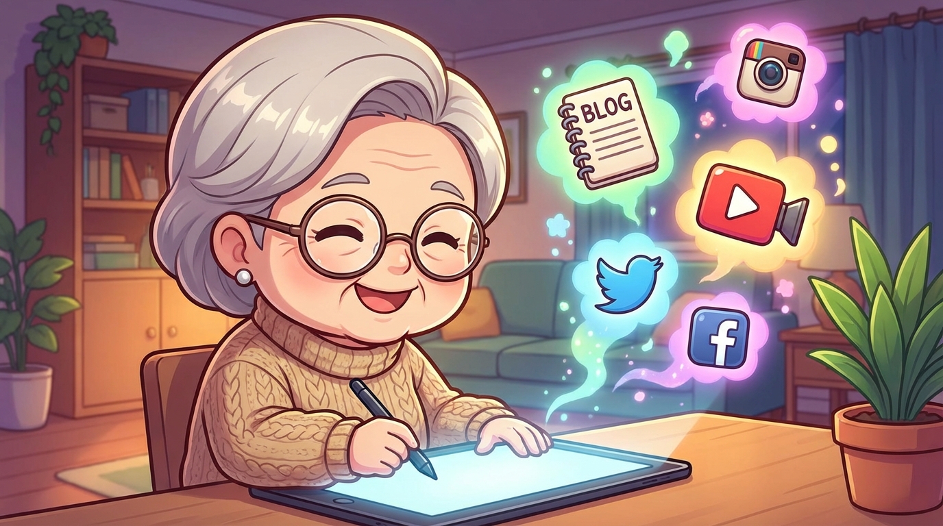 한 시니어가 태블릿으로 블로그, 영상 등 다양한 콘텐츠를 창작하는 모습. AI를 활용한 창작 활동.