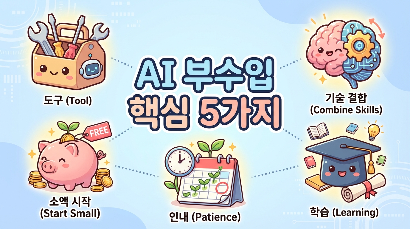 AI 부수입 성공을 위한 5가지 핵심 요약 인포그래픽: 도구, 무료 시작, 경험 결합, 학습, 꾸준함.