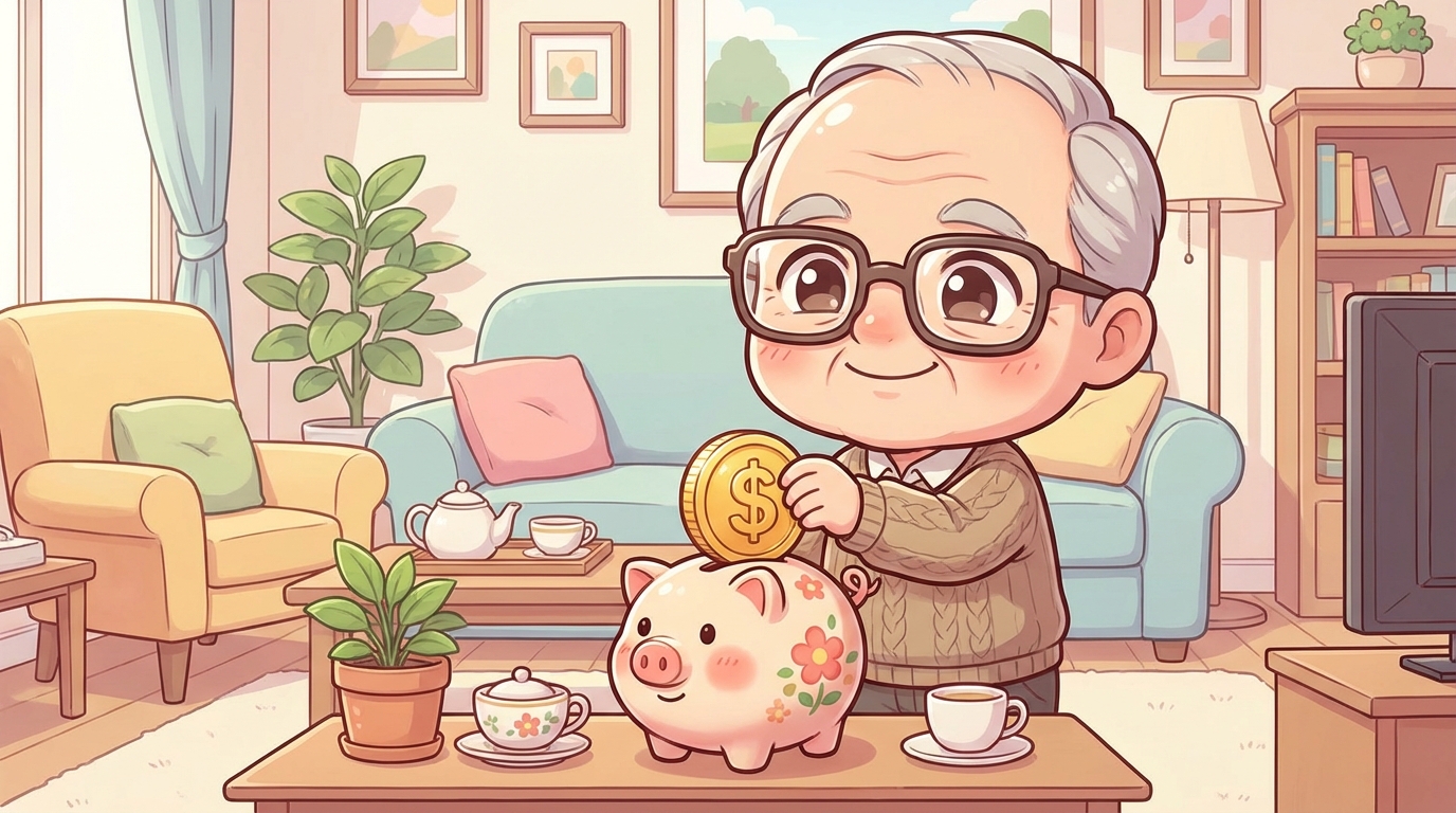 돼지 저금통에 동전을 넣으며 미소 짓는 시니어 남성