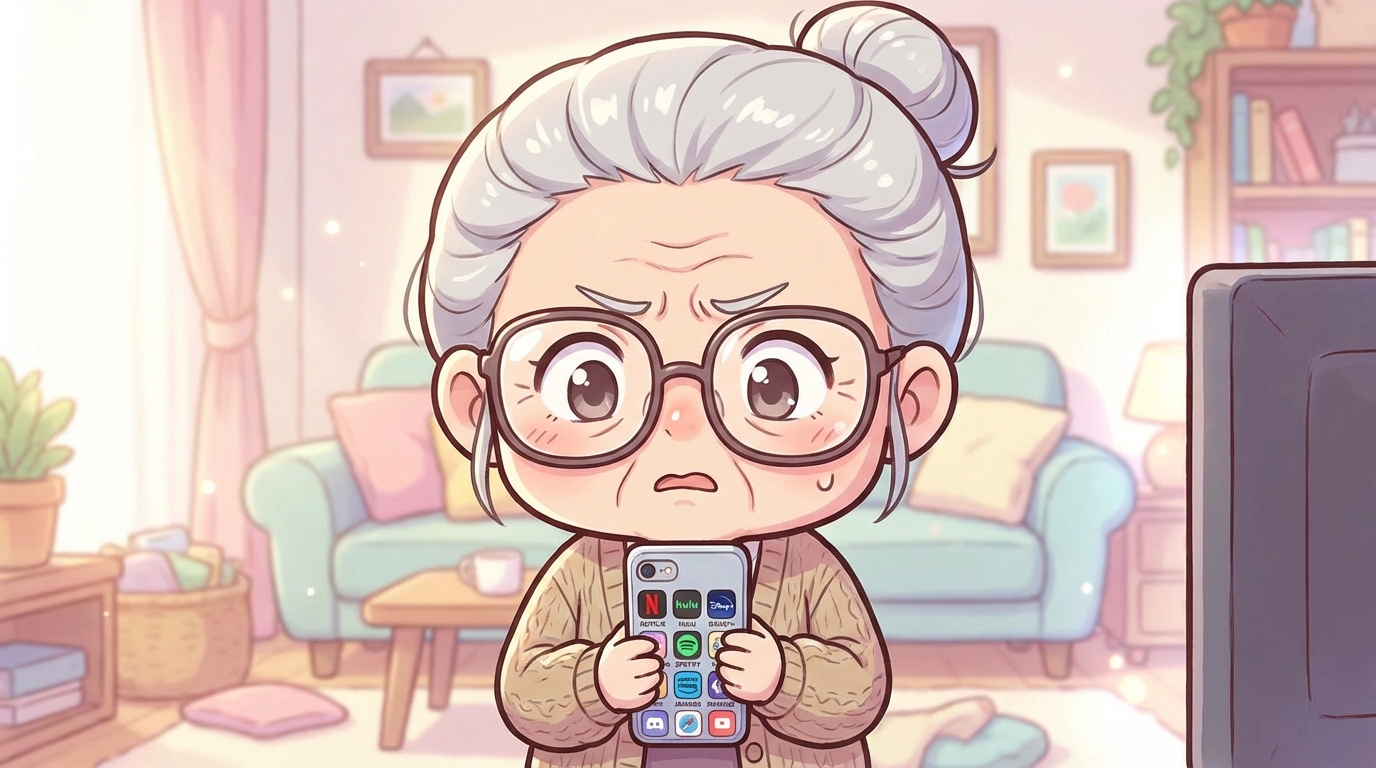 스마트폰 구독 서비스 아이콘들을 보며 고민하는 시니어 여성