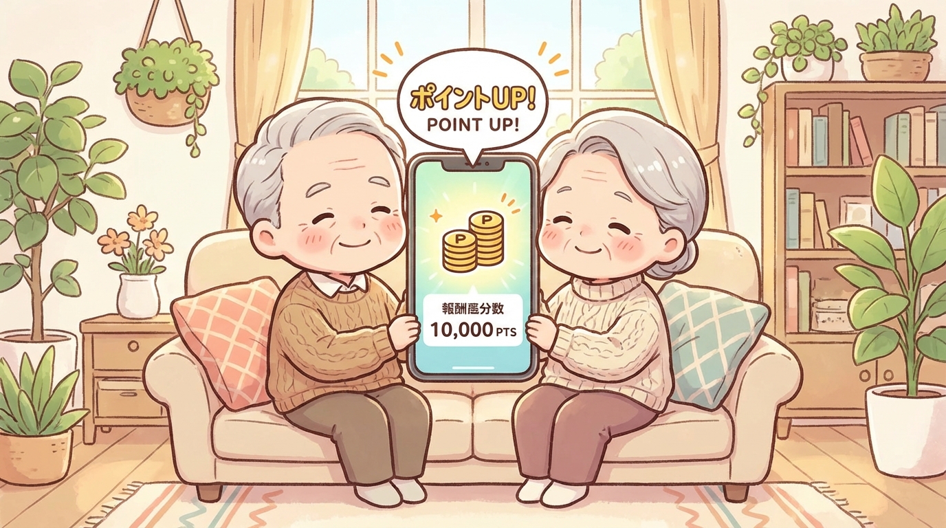 장바구니 앱에서 포인트를 확인하며 기뻐하는 시니어 부부