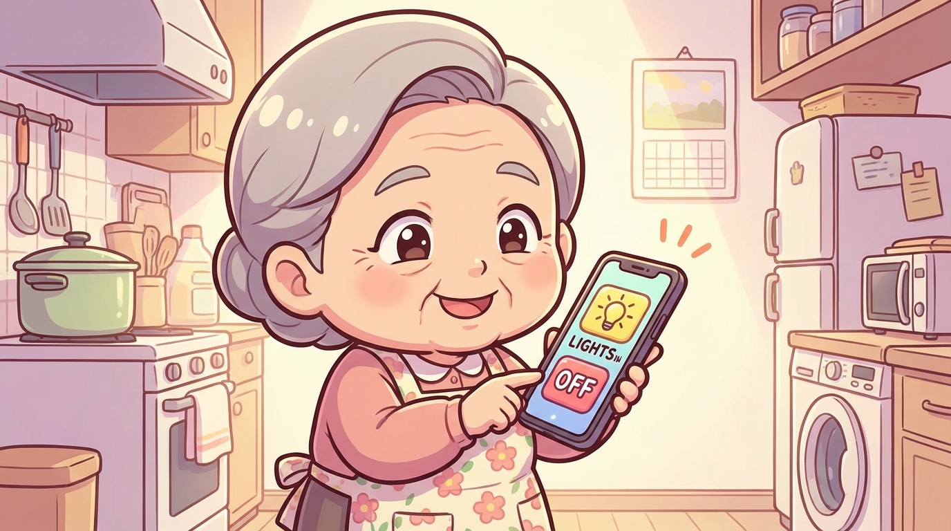 한 어르신이 스마트폰의 큰 아이콘을 눌러 집안의 스마트 조명을 켜며 만족스러운 표정을 짓고 있다.