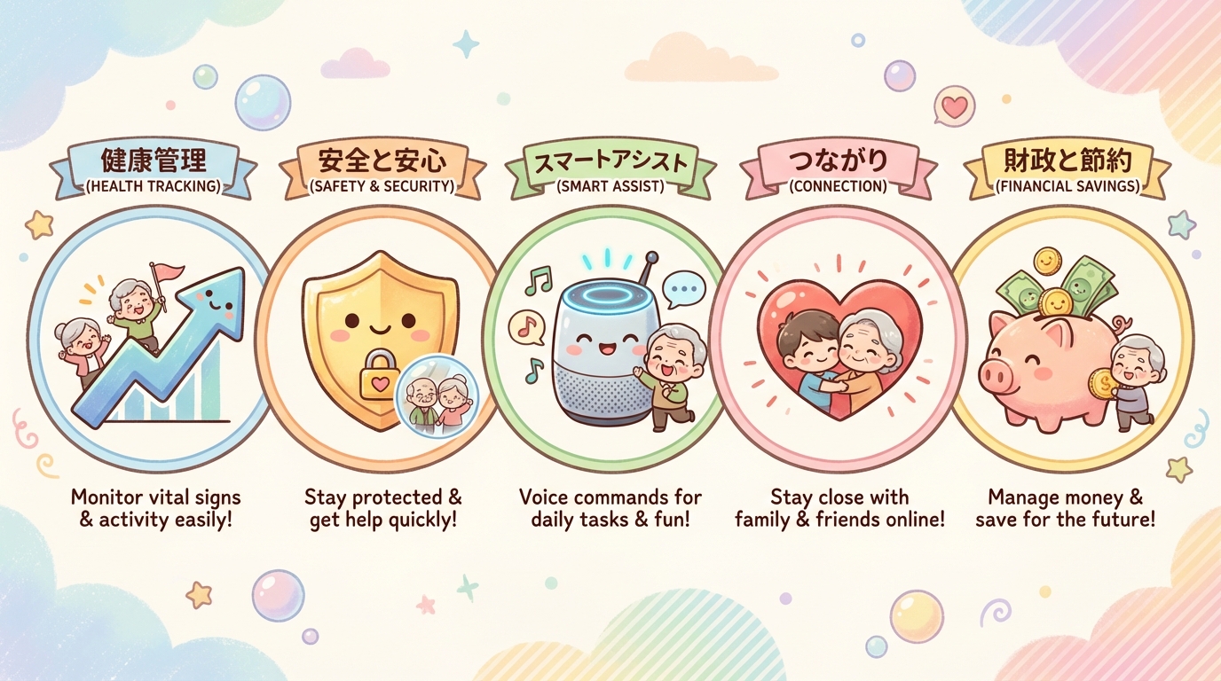 시니어 기술의 핵심 요약 인포그래픽: 시장 성장, 안전, 대표 제품, 가족의 관심, 비용 절약.