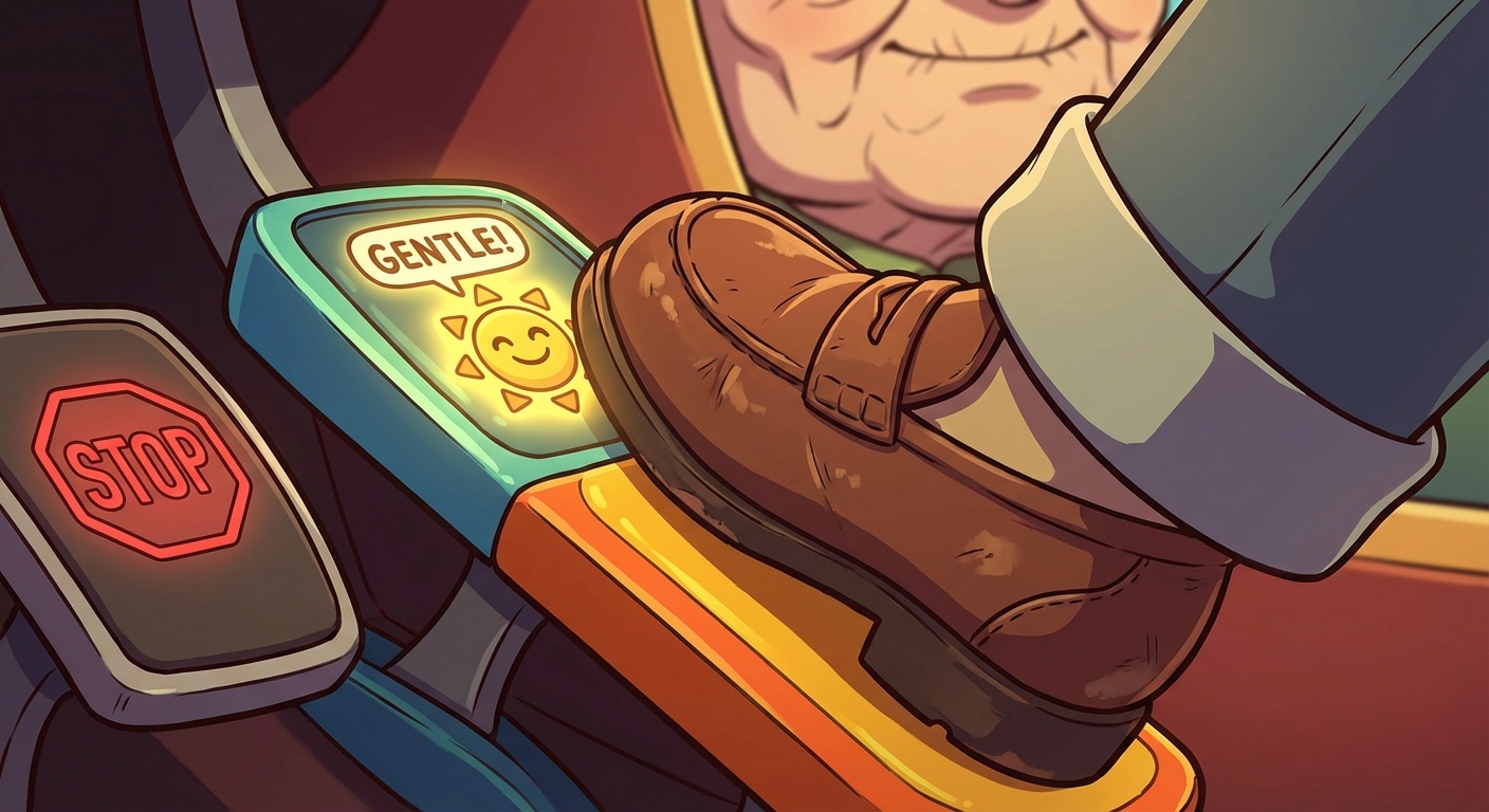 안전 경고등이 켜진 자동차 페달을 조심스럽게 밟는 발의 클로즈업