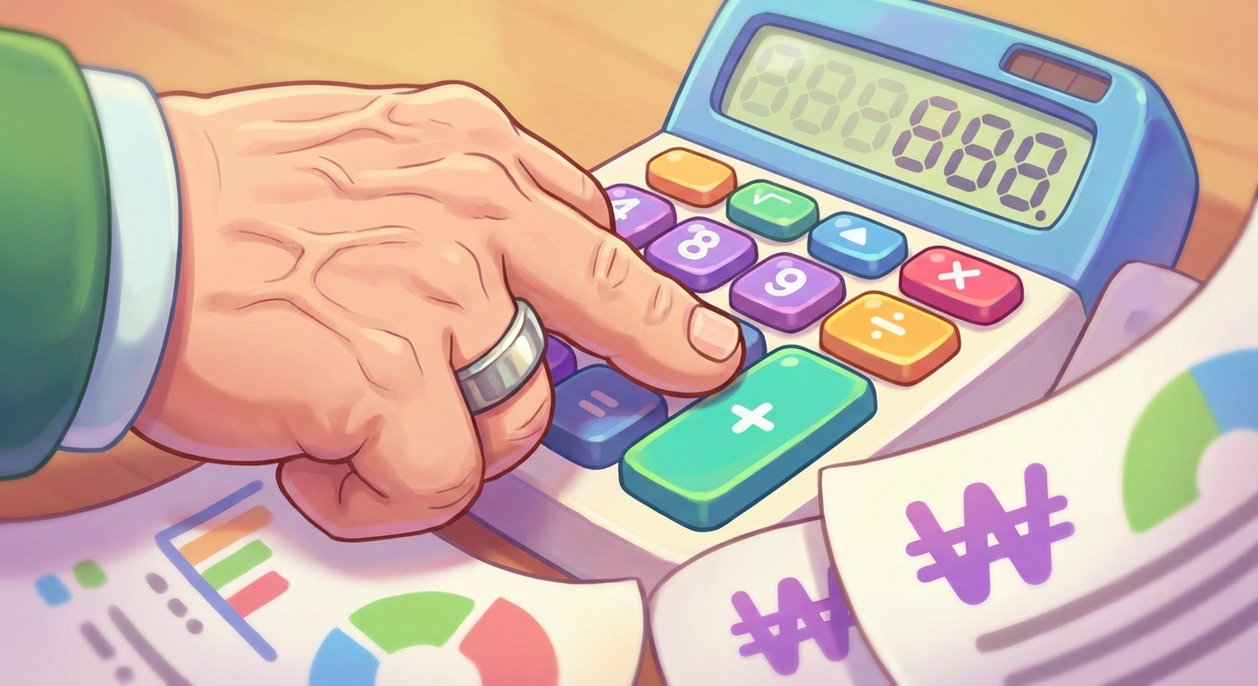 계산기와 서류를 이용해 건보료를 계산하는 모습. 건보료 절약을 위해 꼼꼼히 확인하는 것을 의미합니다.