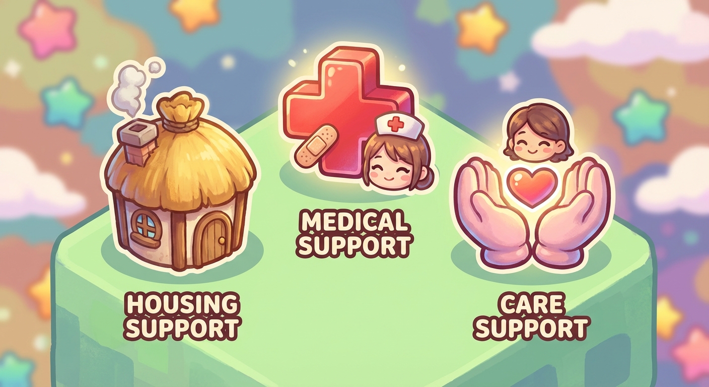 주거, 의료, 돌봄 지원 혜택 요약 인포그래픽