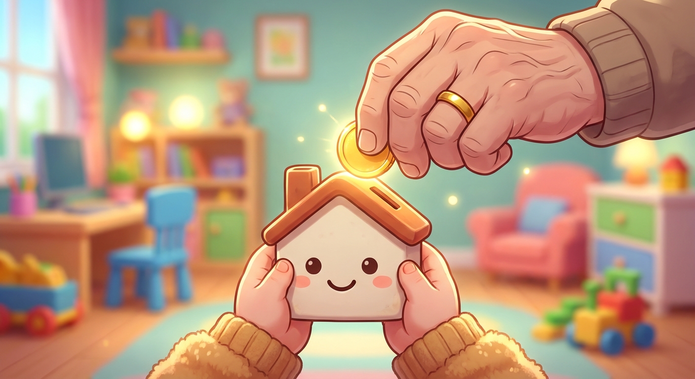 자녀의 미래를 위해 집 모양 저금통에 동전을 넣어주는 손. 사전 증여와 계획의 중요성을 상징한다.